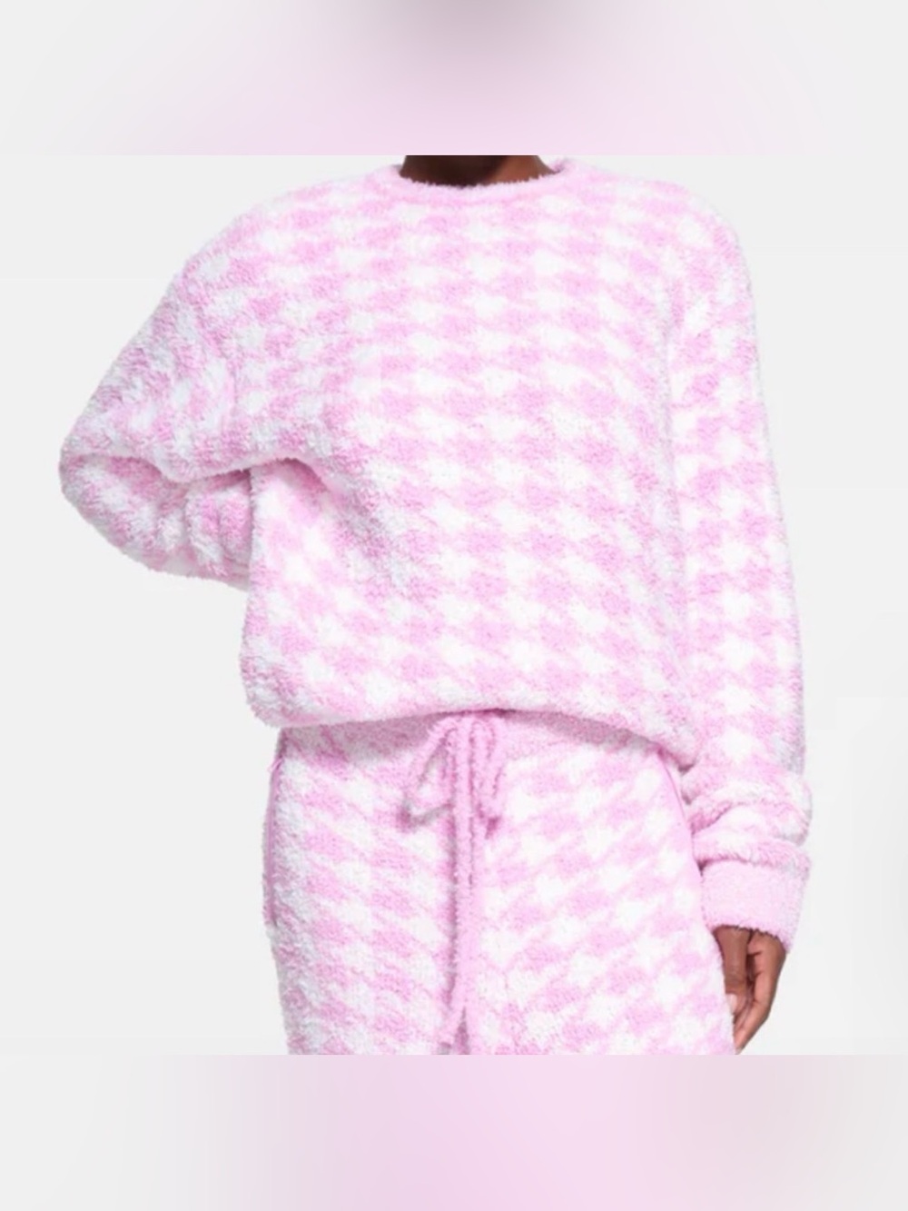 Skims Cozy Knit Pullover Sweatshirt and jogger set In Petal Houndstooth plush